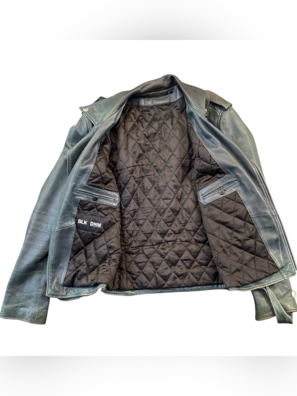 Men's Blue Leather Biker Jacket - Classic Moto Style - Picture 2 of 10